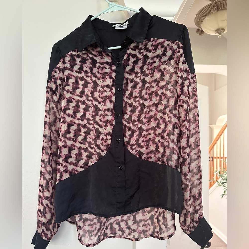 Adara Sheer Colorblock Abstract Animal Print High Low Hem Button Down Blouse